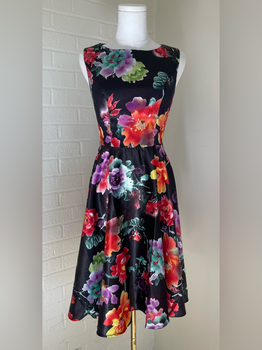 NWT Grace Karin Black Watercolor Floral Fit & Flare Midi Dress S